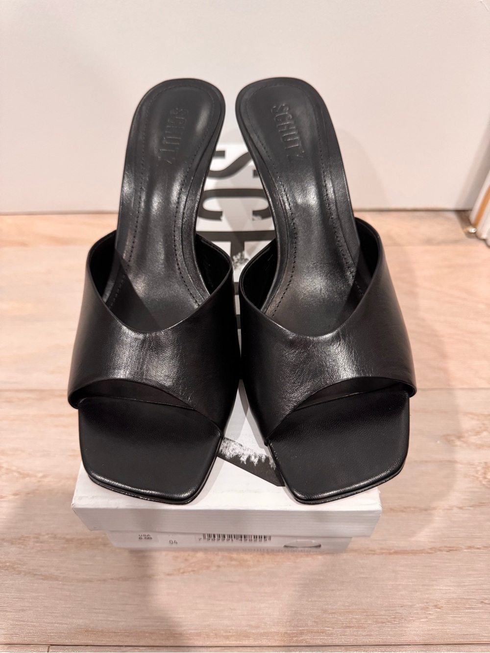 SCHUTZ Black Leather Open-Square Toe Slide Mules